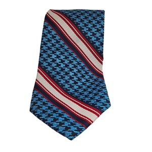 Vintage Houndstooth Diagonal Striped Trevira Tie Red White Blue Bold Fun Preppy